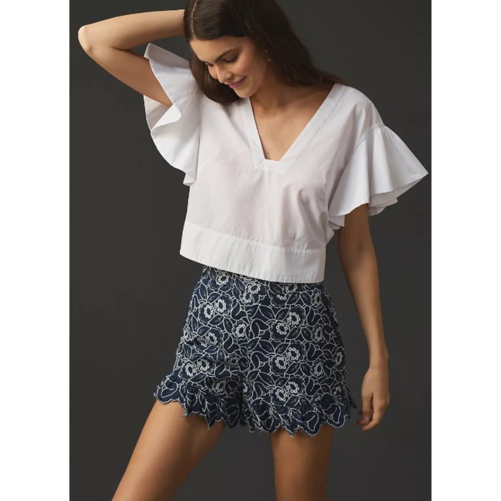 Anthropologie Navy & White Floral Lace High-Waist Shorts